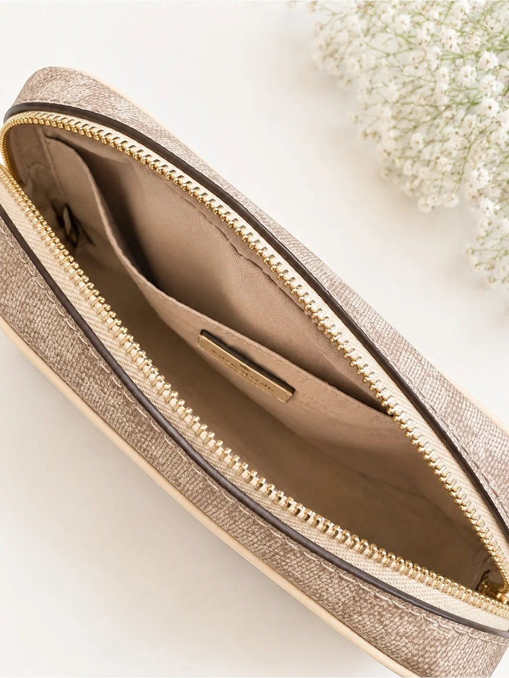 kate spade Beige Signature Monogram Crossbody Bag with Tan Trim
